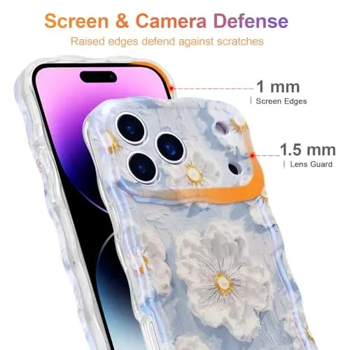 EYZUTAK Case for iPhone 17 Pro Max, Colorful Retro Oil Painting Flower Laser Glossy Pattern Cute Curly Wave Edge Exquisite Phone Cover Stylish Durable TPU Protective Case for Girl Women - Light Blue - 4