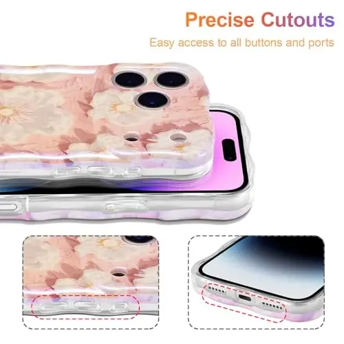 EYZUTAK Case for iPhone 17 Pro Max, Colorful Retro Oil Painting Flower Laser Glossy Pattern Cute Curly Wave Edge Exquisite Phone Cover Stylish Durable TPU Protective Case for Girl Women - Light Pink - 5