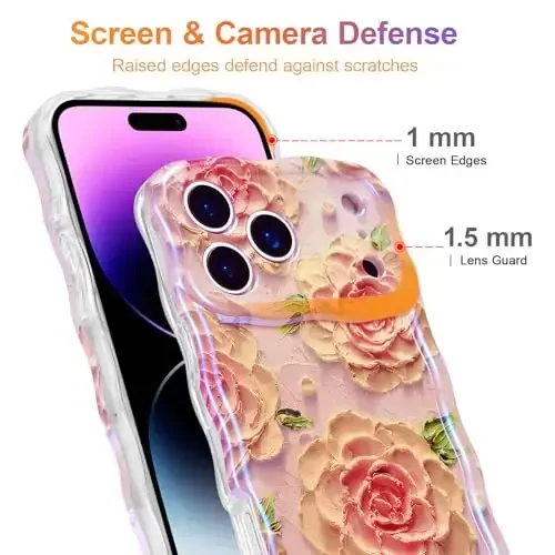 EYZUTAK Case for iPhone 17 Pro Max, Colorful Retro Oil Painting Flower Laser Glossy Pattern Cute Curly Wave Edge Exquisite Phone Cover Stylish Durable TPU Protective Case for Girl Women - Pink Peony - 4
