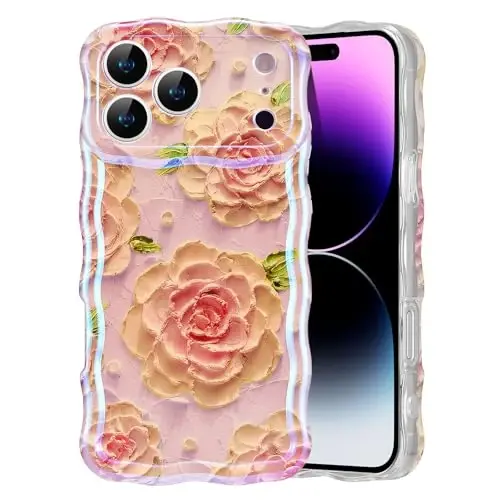 EYZUTAK Case for iPhone 17 Pro Max, Colorful Retro Oil Painting Flower Laser Glossy Pattern Cute Curly Wave Edge Exquisite Phone Cover Stylish Durable TPU Protective Case for Girl Women - Pink Peony 