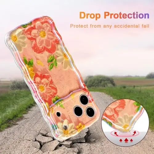 EYZUTAK Case for iPhone 17 Pro Max, Colorful Retro Oil Painting Flower Laser Glossy Pattern Cute Curly Wave Edge Exquisite Phone Cover Stylish Durable TPU Protective Case for Girl Women - Pink White - 3