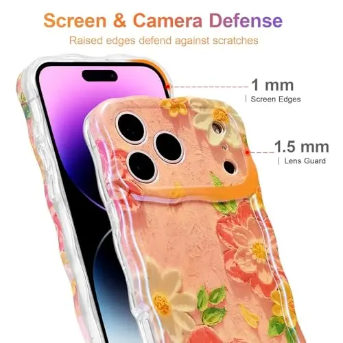 EYZUTAK Case for iPhone 17 Pro Max, Colorful Retro Oil Painting Flower Laser Glossy Pattern Cute Curly Wave Edge Exquisite Phone Cover Stylish Durable TPU Protective Case for Girl Women - Pink White - 4