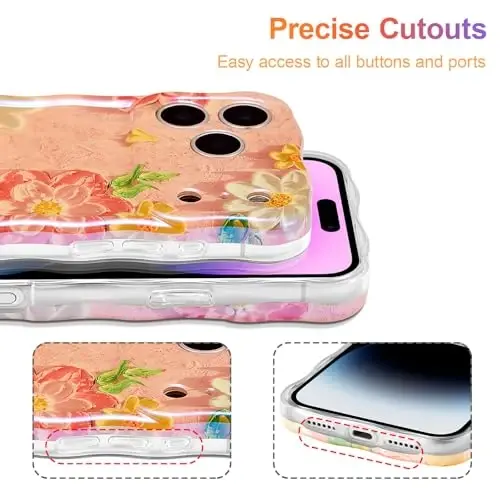 EYZUTAK Case for iPhone 17 Pro Max, Colorful Retro Oil Painting Flower Laser Glossy Pattern Cute Curly Wave Edge Exquisite Phone Cover Stylish Durable TPU Protective Case for Girl Women - Pink White - 5