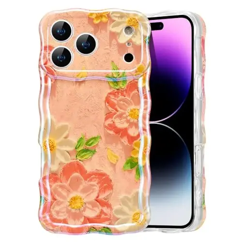 EYZUTAK Case for iPhone 17 Pro Max, Colorful Retro Oil Painting Flower Laser Glossy Pattern Cute Curly Wave Edge Exquisite Phone Cover Stylish Durable TPU Protective Case for Girl Women - Pink White - 1