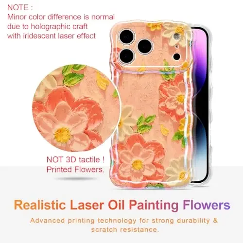 EYZUTAK Case for iPhone 17 Pro Max, Colorful Retro Oil Painting Flower Laser Glossy Pattern Cute Curly Wave Edge Exquisite Phone Cover Stylish Durable TPU Protective Case for Girl Women - Pink White - 2