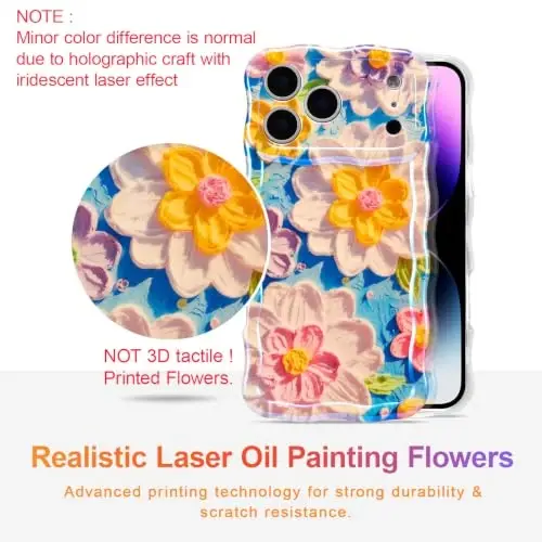 EYZUTAK Case for iPhone 17 Pro Max, Colorful Retro Oil Painting Flower Laser Glossy Pattern Cute Curly Wave Edge Exquisite Phone Cover Stylish Durable TPU Protective Case for Girl Women - White - 2