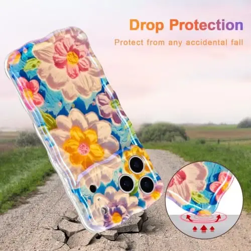 EYZUTAK Case for iPhone 17 Pro Max, Colorful Retro Oil Painting Flower Laser Glossy Pattern Cute Curly Wave Edge Exquisite Phone Cover Stylish Durable TPU Protective Case for Girl Women - White - 3