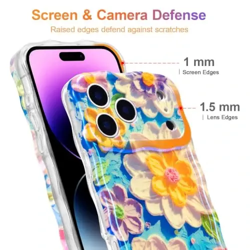 EYZUTAK Case for iPhone 17 Pro Max, Colorful Retro Oil Painting Flower Laser Glossy Pattern Cute Curly Wave Edge Exquisite Phone Cover Stylish Durable TPU Protective Case for Girl Women - White - 4