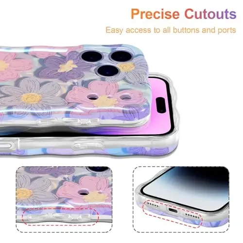 EYZUTAK Case for iPhone 17 Pro Max, Colorful Retro Oil Painting Flower Laser Glossy Pattern Cute Curly Wave Edge Exquisite Phone Cover Stylish Durable TPU Protective Case for Girls Women - Pink Purple - 5