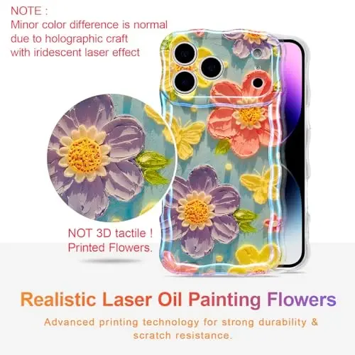 EYZUTAK Case for iPhone 17 Pro Max, Colorful Retro Oil Painting Flower Laser Glossy Pattern Cute Curly Wave Edge Exquisite Phone Cover Stylish Durable TPU Protective Case for Women - Butterfly Flower - 2