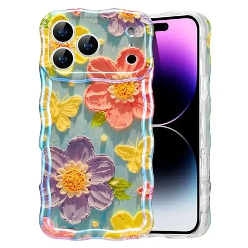 EYZUTAK Case for iPhone 17 Pro Max, Colorful Retro Oil Painting Flower Laser Glossy Pattern Cute Curly Wave Edge Exquisite Phone Cover Stylish Durable TPU Protective Case for Women - Butterfly Flower 