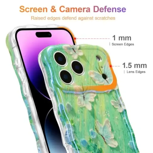 EYZUTAK Case for iPhone 17 Pro Max, Colorful Retro Oil Painting Flower Laser Glossy Pattern Cute Curly Wave Edge Exquisite Phone Cover Stylish Durable TPU Protective Case for Women - Butterfly Green - 4