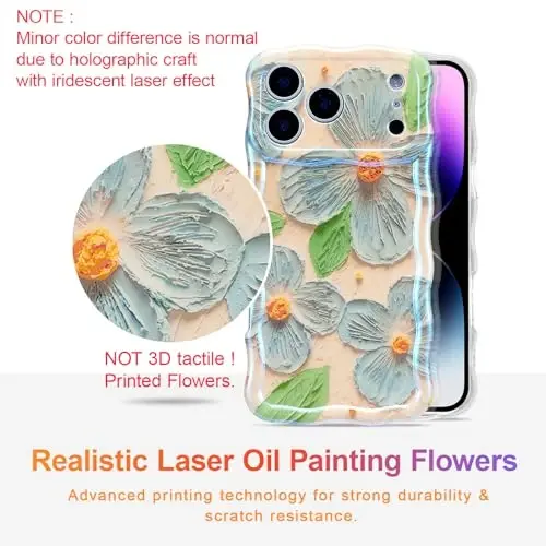 EYZUTAK Case for iPhone 17 Pro Max, Colorful Retro Oil Painting Flower Leaf Laser Glossy Pattern Cute Curly Waves Edge Exquisite Phone Cover Stylish Durable TPU Protective Case for Women - Blue Green - 2