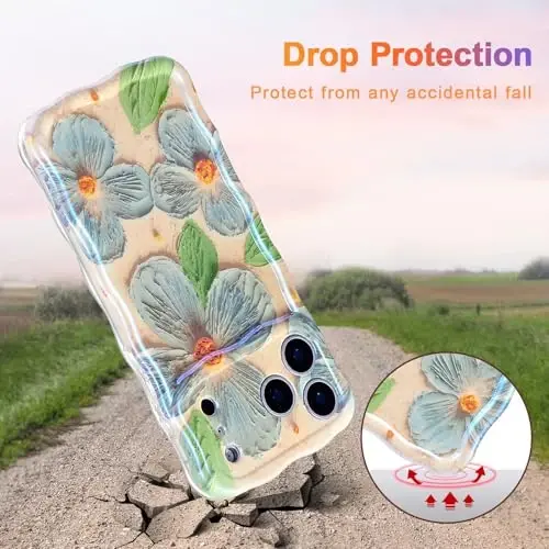 EYZUTAK Case for iPhone 17 Pro Max, Colorful Retro Oil Painting Flower Leaf Laser Glossy Pattern Cute Curly Waves Edge Exquisite Phone Cover Stylish Durable TPU Protective Case for Women - Blue Green - 3