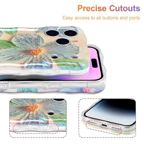 EYZUTAK Case for iPhone 17 Pro Max, Colorful Retro Oil Painting Flower Leaf Laser Glossy Pattern Cute Curly Waves Edge Exquisite Phone Cover Stylish Durable TPU Protective Case for Women - Blue Green - 5