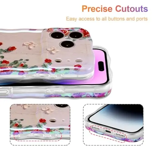 EYZUTAK Case for iPhone 17 Pro Max, Colorful Retro Oil Painting Printed Flower Laser Glossy Pattern Cute Curly Wave Edge Exquisite Phone Cover Stylish Durable TPU Protective Case for Girl Women-Beige - 5