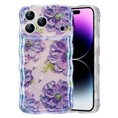 EYZUTAK Case for iPhone 17 Pro Max, Colorful Retro Oil Painting Printed Flower Laser Glossy Pattern Cute Curly Wave Edge Exquisite Phone Cover Stylish Durable TPU Protective Case for Girl Women-Purple 
