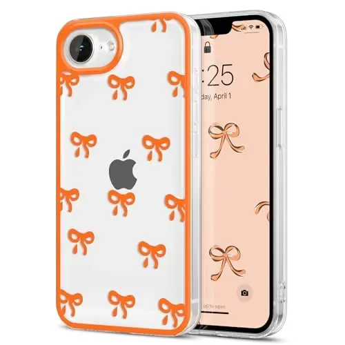EYZUTAK Case for iPhone 17e/iPhone 16e, Clear Cute Ribbon Bowknot Pattern Aesthetic Transparent Phone Case Raised Camera Protection Stylish Slim Soft Durable TPU Protective Cover for Women Girl-Orange 