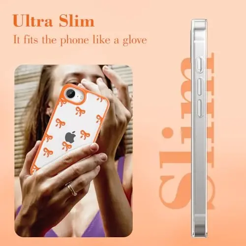 EYZUTAK Case for iPhone 17e/iPhone 16e, Clear Cute Ribbon Bowknot Pattern Aesthetic Transparent Phone Case Raised Camera Protection Stylish Slim Soft Durable TPU Protective Cover for Women Girl-Orange - 5