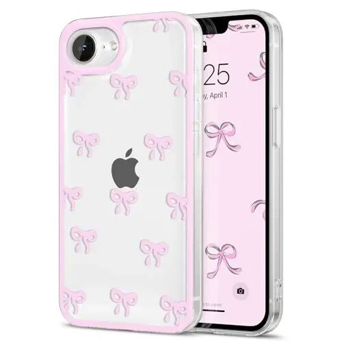 EYZUTAK Case for iPhone 17e/iPhone 16e, Clear Cute Ribbon Bowknot Pattern Aesthetic Transparent Phone Case Raised Camera Protection Stylish Slim Soft Durable TPU Protective Cover for Women Girl - Pink - EYZUTAK