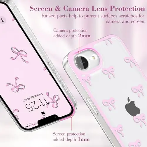 EYZUTAK Case for iPhone 17e/iPhone 16e, Clear Cute Ribbon Bowknot Pattern Aesthetic Transparent Phone Case Raised Camera Protection Stylish Slim Soft Durable TPU Protective Cover for Women Girl - Pink - 3