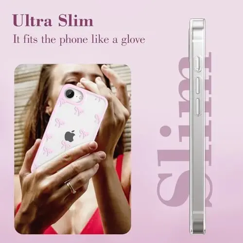 EYZUTAK Case for iPhone 17e/iPhone 16e, Clear Cute Ribbon Bowknot Pattern Aesthetic Transparent Phone Case Raised Camera Protection Stylish Slim Soft Durable TPU Protective Cover for Women Girl - Pink - 5