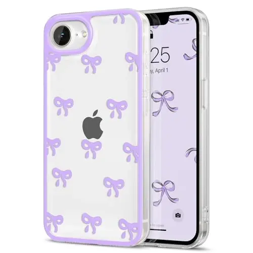 EYZUTAK Case for iPhone 17e/iPhone 16e, Clear Cute Ribbon Bowknot Pattern Aesthetic Transparent Phone Case Raised Camera Protection Stylish Slim Soft Durable TPU Protective Cover for Women Girl-Purple 