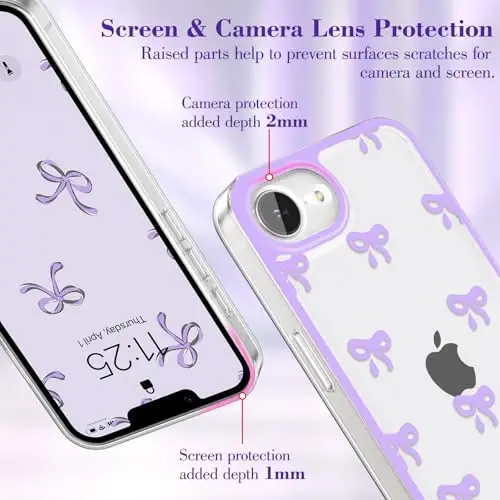 EYZUTAK Case for iPhone 17e/iPhone 16e, Clear Cute Ribbon Bowknot Pattern Aesthetic Transparent Phone Case Raised Camera Protection Stylish Slim Soft Durable TPU Protective Cover for Women Girl-Purple - 3