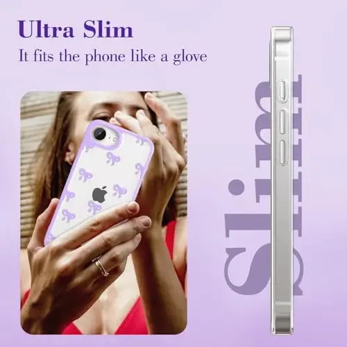 EYZUTAK Case for iPhone 17e/iPhone 16e, Clear Cute Ribbon Bowknot Pattern Aesthetic Transparent Phone Case Raised Camera Protection Stylish Slim Soft Durable TPU Protective Cover for Women Girl-Purple - 5