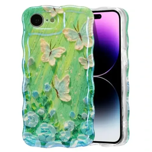 EYZUTAK Case for iPhone 17e/iPhone 16e, Colorful Retro Oil Painting Flower Laser Glossy Curly Wave Edge Exquisite Phone Cover Stylish Durable TPU Protective Case for Women - Butterfly Green - 1