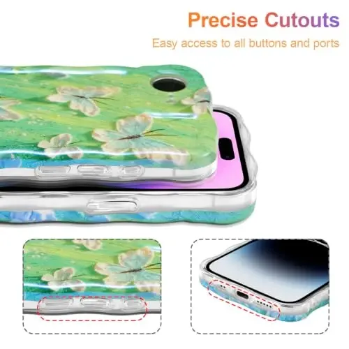 EYZUTAK Case for iPhone 17e/iPhone 16e, Colorful Retro Oil Painting Flower Laser Glossy Curly Wave Edge Exquisite Phone Cover Stylish Durable TPU Protective Case for Women - Butterfly Green - 5