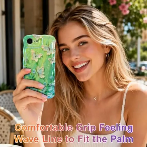 EYZUTAK Case for iPhone 17e/iPhone 16e, Colorful Retro Oil Painting Flower Laser Glossy Curly Wave Edge Exquisite Phone Cover Stylish Durable TPU Protective Case for Women - Butterfly Green - 6