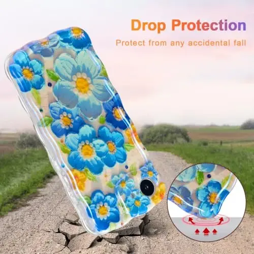 EYZUTAK Case for iPhone 17e/iPhone 16e, Colorful Retro Oil Painting Flower Laser Glossy Cute Curly Wave Edge Exquisite Phone Cover Stylish Durable TPU Protective Case for Women - Blue - 3