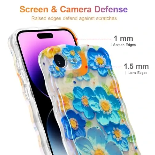 EYZUTAK Case for iPhone 17e/iPhone 16e, Colorful Retro Oil Painting Flower Laser Glossy Cute Curly Wave Edge Exquisite Phone Cover Stylish Durable TPU Protective Case for Women - Blue - 4