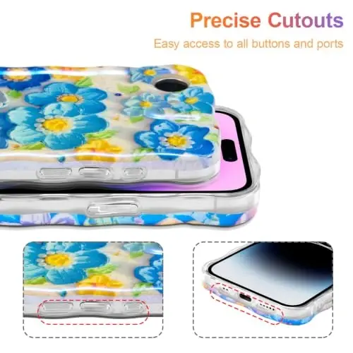 EYZUTAK Case for iPhone 17e/iPhone 16e, Colorful Retro Oil Painting Flower Laser Glossy Cute Curly Wave Edge Exquisite Phone Cover Stylish Durable TPU Protective Case for Women - Blue - 5