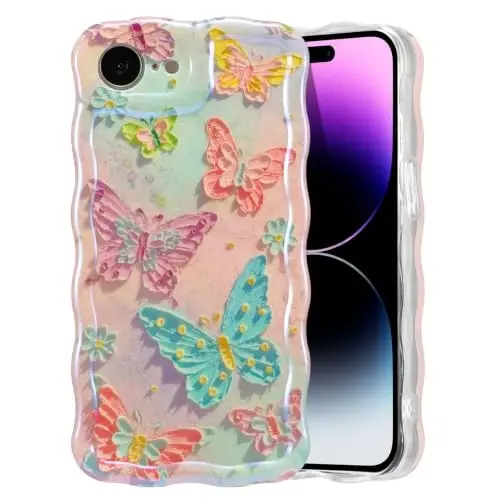EYZUTAK Case for iPhone 17e/iPhone 16e, Colorful Retro Oil Painting Flower Laser Glossy Cute Curly Wave Edge Exquisite Phone Cover Stylish Durable TPU Protective Case for Women - Butterflies - 1