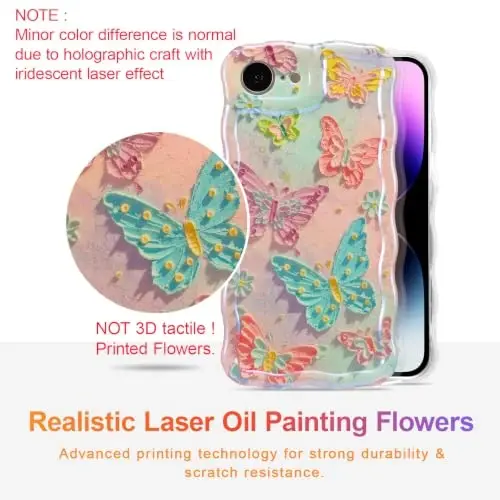 EYZUTAK Case for iPhone 17e/iPhone 16e, Colorful Retro Oil Painting Flower Laser Glossy Cute Curly Wave Edge Exquisite Phone Cover Stylish Durable TPU Protective Case for Women - Butterflies - 2