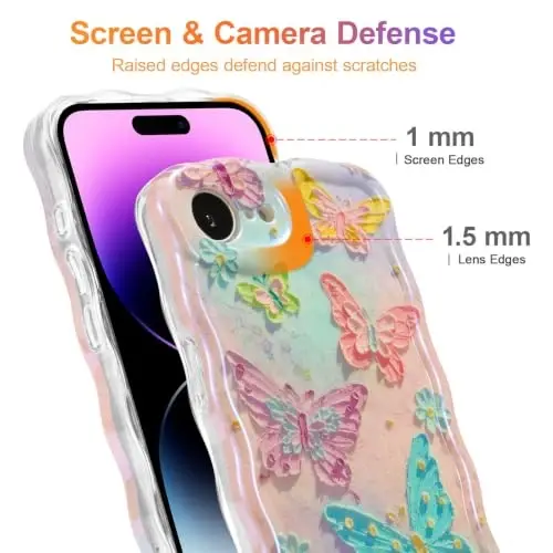 EYZUTAK Case for iPhone 17e/iPhone 16e, Colorful Retro Oil Painting Flower Laser Glossy Cute Curly Wave Edge Exquisite Phone Cover Stylish Durable TPU Protective Case for Women - Butterflies - 4