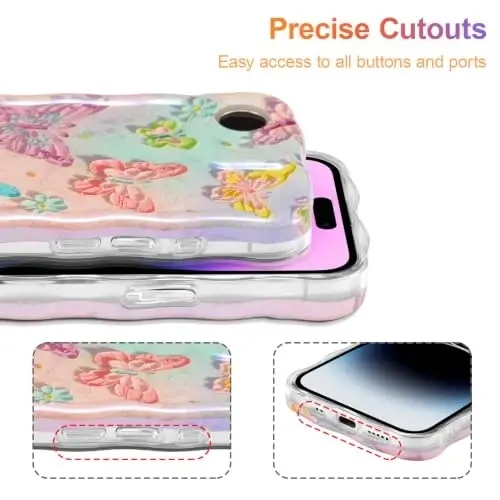 EYZUTAK Case for iPhone 17e/iPhone 16e, Colorful Retro Oil Painting Flower Laser Glossy Cute Curly Wave Edge Exquisite Phone Cover Stylish Durable TPU Protective Case for Women - Butterflies - 5