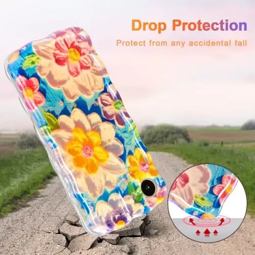 EYZUTAK Case for iPhone 17e/iPhone 16e, Colorful Retro Oil Painting Flower Laser Glossy Cute Curly Wave Edge Exquisite Phone Cover Stylish Durable TPU Protective Case for Women - White - 3