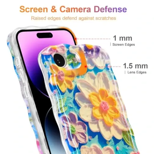 EYZUTAK Case for iPhone 17e/iPhone 16e, Colorful Retro Oil Painting Flower Laser Glossy Cute Curly Wave Edge Exquisite Phone Cover Stylish Durable TPU Protective Case for Women - White - 4