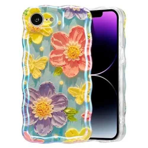 EYZUTAK Case for iPhone 17e/iPhone 16e, Colorful Retro Oil Painting Flower Laser Glossy Pattern Cute Curly Wave Edge Exquisite Phone Cover Stylish Durable TPU Protective Case for Girl-Butterfly Flower - 1