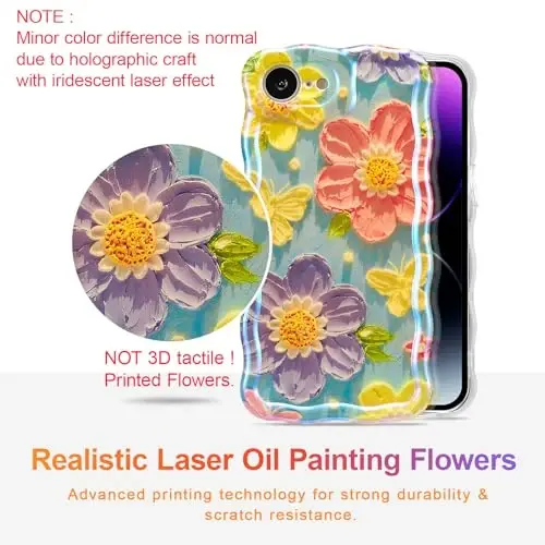 EYZUTAK Case for iPhone 17e/iPhone 16e, Colorful Retro Oil Painting Flower Laser Glossy Pattern Cute Curly Wave Edge Exquisite Phone Cover Stylish Durable TPU Protective Case for Girl-Butterfly Flower - EYZUTAK (1)