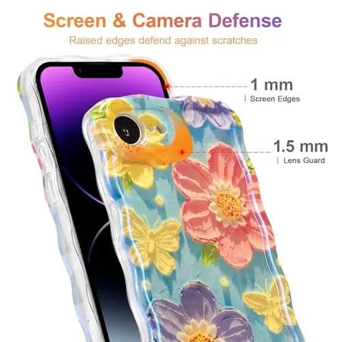 EYZUTAK Case for iPhone 17e/iPhone 16e, Colorful Retro Oil Painting Flower Laser Glossy Pattern Cute Curly Wave Edge Exquisite Phone Cover Stylish Durable TPU Protective Case for Girl-Butterfly Flower - 4