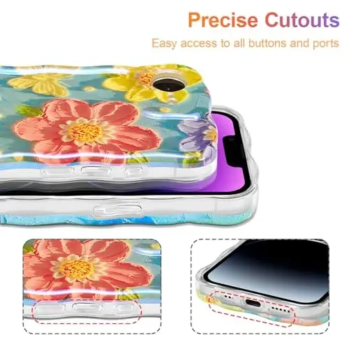 EYZUTAK Case for iPhone 17e/iPhone 16e, Colorful Retro Oil Painting Flower Laser Glossy Pattern Cute Curly Wave Edge Exquisite Phone Cover Stylish Durable TPU Protective Case for Girl-Butterfly Flower - 5