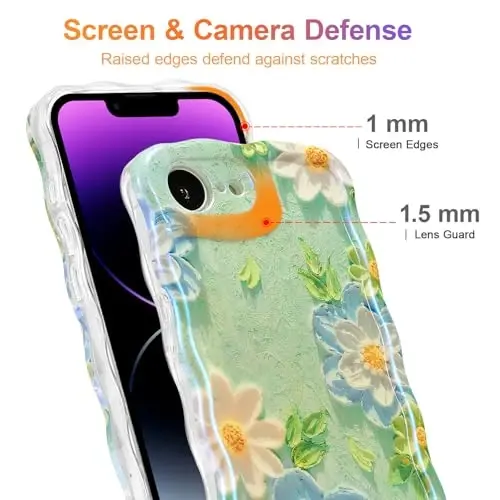 EYZUTAK Case for iPhone 17e/iPhone 16e, Colorful Retro Oil Painting Flower Laser Glossy Pattern Cute Curly Wave Edge Exquisite Phone Cover Stylish Durable TPU Protective Case for Girl Women-Blue White - 4