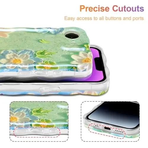 EYZUTAK Case for iPhone 17e/iPhone 16e, Colorful Retro Oil Painting Flower Laser Glossy Pattern Cute Curly Wave Edge Exquisite Phone Cover Stylish Durable TPU Protective Case for Girl Women-Blue White - 5