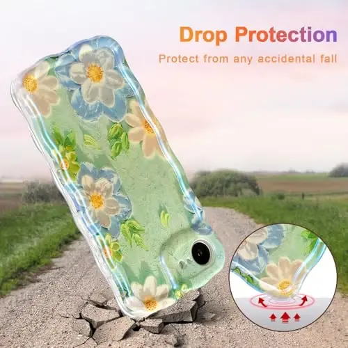 EYZUTAK Case for iPhone 17e/iPhone 16e, Colorful Retro Oil Painting Flower Laser Glossy Pattern Cute Curly Wave Edge Exquisite Phone Cover Stylish Durable TPU Protective Case for Girl Women-Blue White - 3