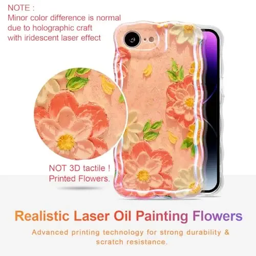 EYZUTAK Case for iPhone 17e/iPhone 16e, Colorful Retro Oil Painting Flower Laser Glossy Pattern Cute Curly Wave Edge Exquisite Phone Cover Stylish Durable TPU Protective Case for Girl Women-Pink White - 2