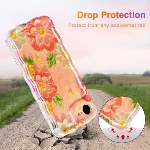 EYZUTAK Case for iPhone 17e/iPhone 16e, Colorful Retro Oil Painting Flower Laser Glossy Pattern Cute Curly Wave Edge Exquisite Phone Cover Stylish Durable TPU Protective Case for Girl Women-Pink White - 3